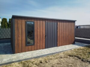 Domek narzędziowy w kolorze orzech i matowy grafit o wymiarach 5x3m, model: Sepia