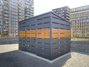 Wiata śmietnikowa 3x2m w kolorach matowy grafit i dąb
