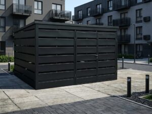 Wiata śmietnikowa o wymiarach 4x3m i kolorze czarnym z drzwiami dwuskrzydłowymi