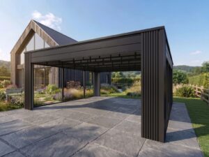 Wiata samochodowa Carport o wymiarach 6x5m i wykonaniu premium z lamelami i malowaną konstrukcją W04 Czerń