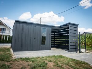 Domek narzędziowy 3x2m z wiatą 1,8x3,5m grafit w macie, model: Aspro